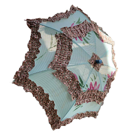 Pastel Painted Baby Blue Mini Parasol with Floral Design and Ruffles circa 1950s