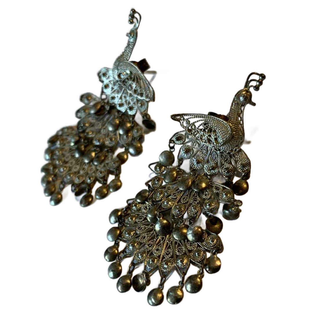 Filigree Thai Sterling Silver Dangling Peacock Pierced Earrings circa 1970s