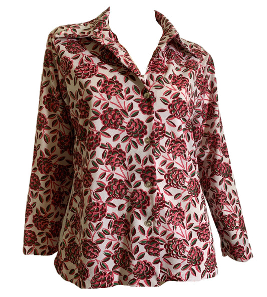 Pink & Green Floral Print Poly Blouse circa 1970s
