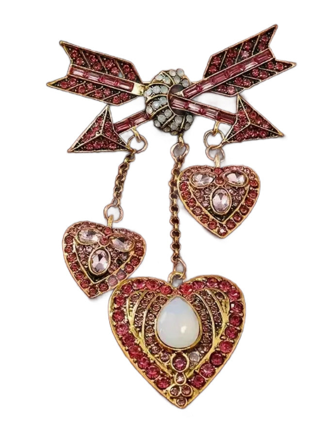 Romantic Dangling Hearts and Arrows Rhinestone Brooch 3 Colors