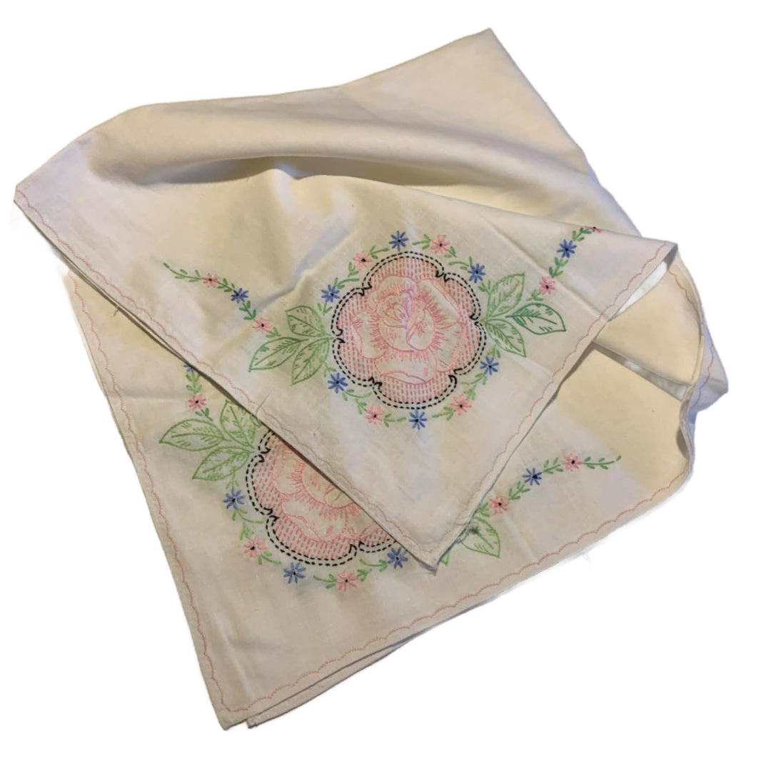 Pink Rose Embroidered White Cotton Tablecloth 36" Square circa 1940s