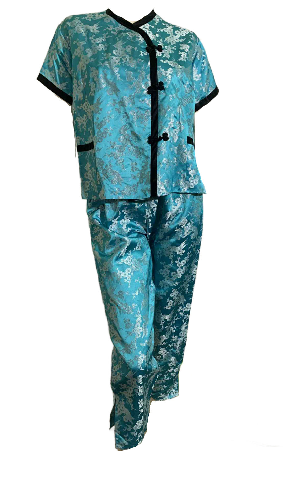 Silver and Blue Asian Style 2 Pc Pajama Set circa 1960s