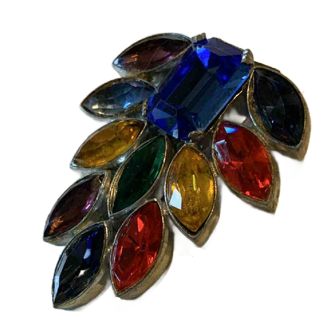 Czech Glass Rainbow Colors Large Fur Clip circa 1930s