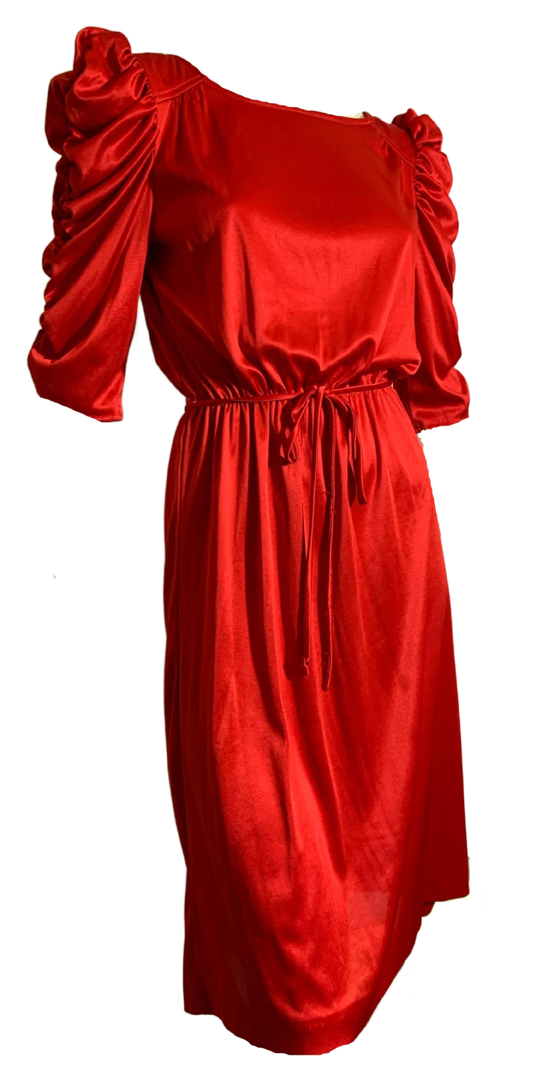 Candy Apple Red Nylon Disco Dress with Ruched Sleeves & Low Back circa 1980s Candy Apple Red Nylon Disco Dress with Ruched Sleeves & Low Back circa 1980s