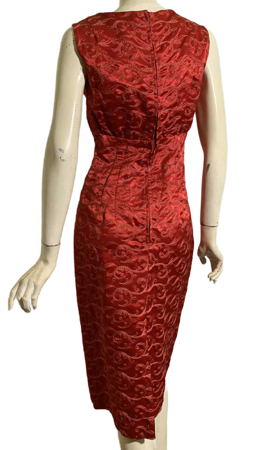 Red Embroidered Slinky Satin Sheath Dress circa 1960s