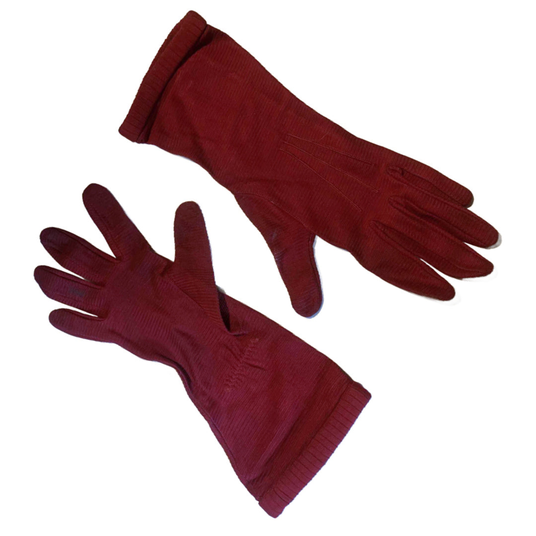 Deep Red Ribbed Nylon Gloves circa 1940s
