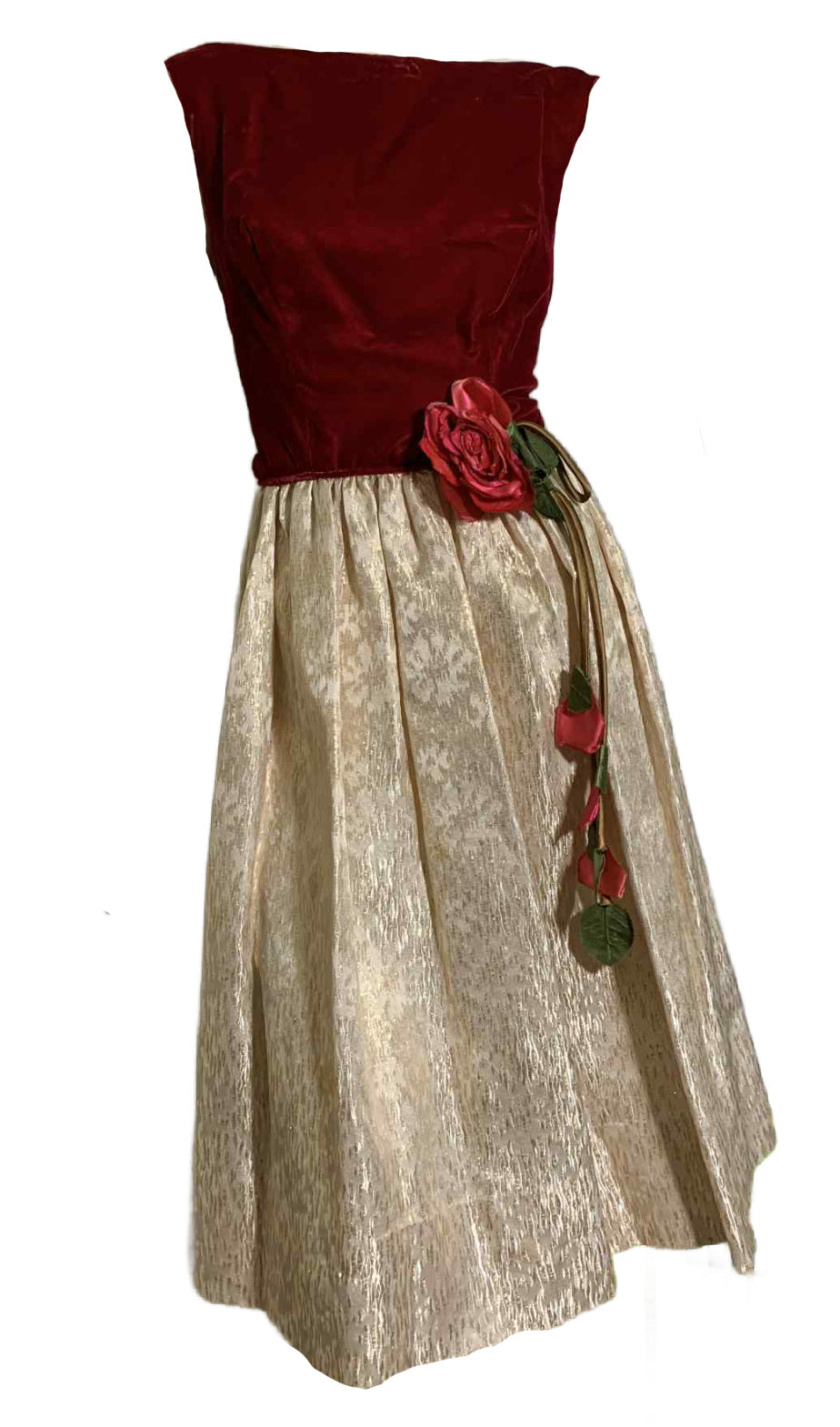 Red Velvet Bodice Dress with Metallic Gold Skirt Pink Rose Accent circa 1960s