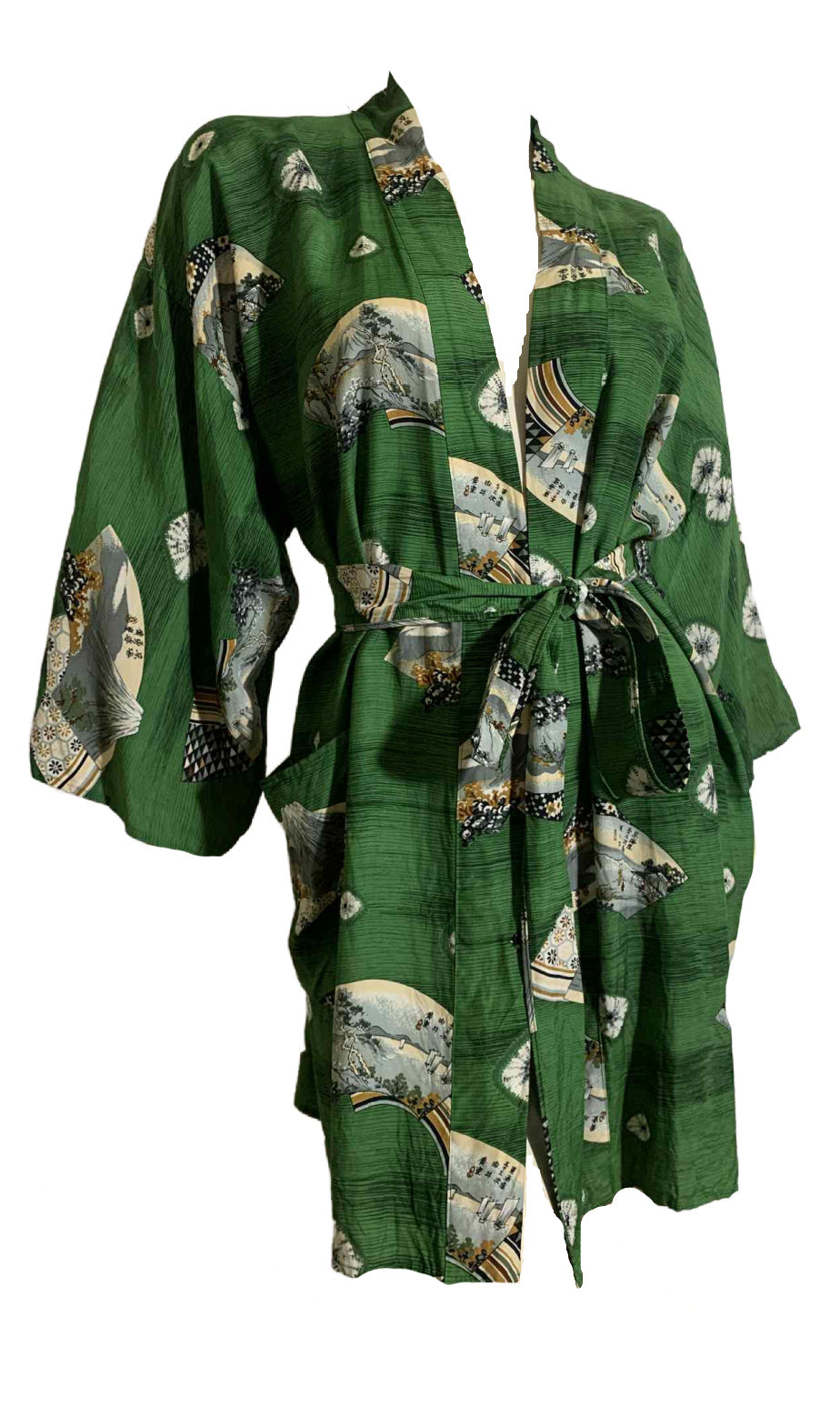 Deep Green Mountain Print Cold Rayon Japanese Robe circa 1940s