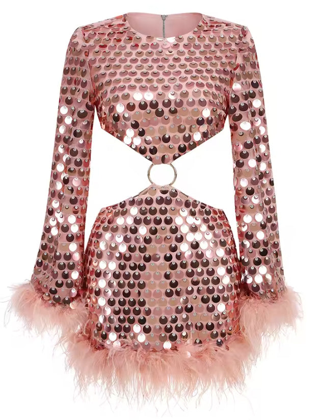 Tina- the 60s Inspired Sequin and Feather Mini Dress