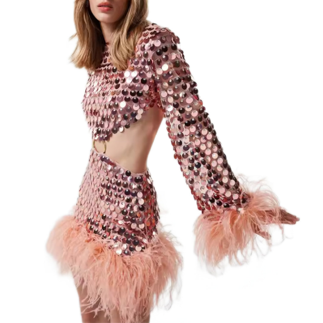 Tina- the 60s Inspired Sequin and Feather Mini Dress