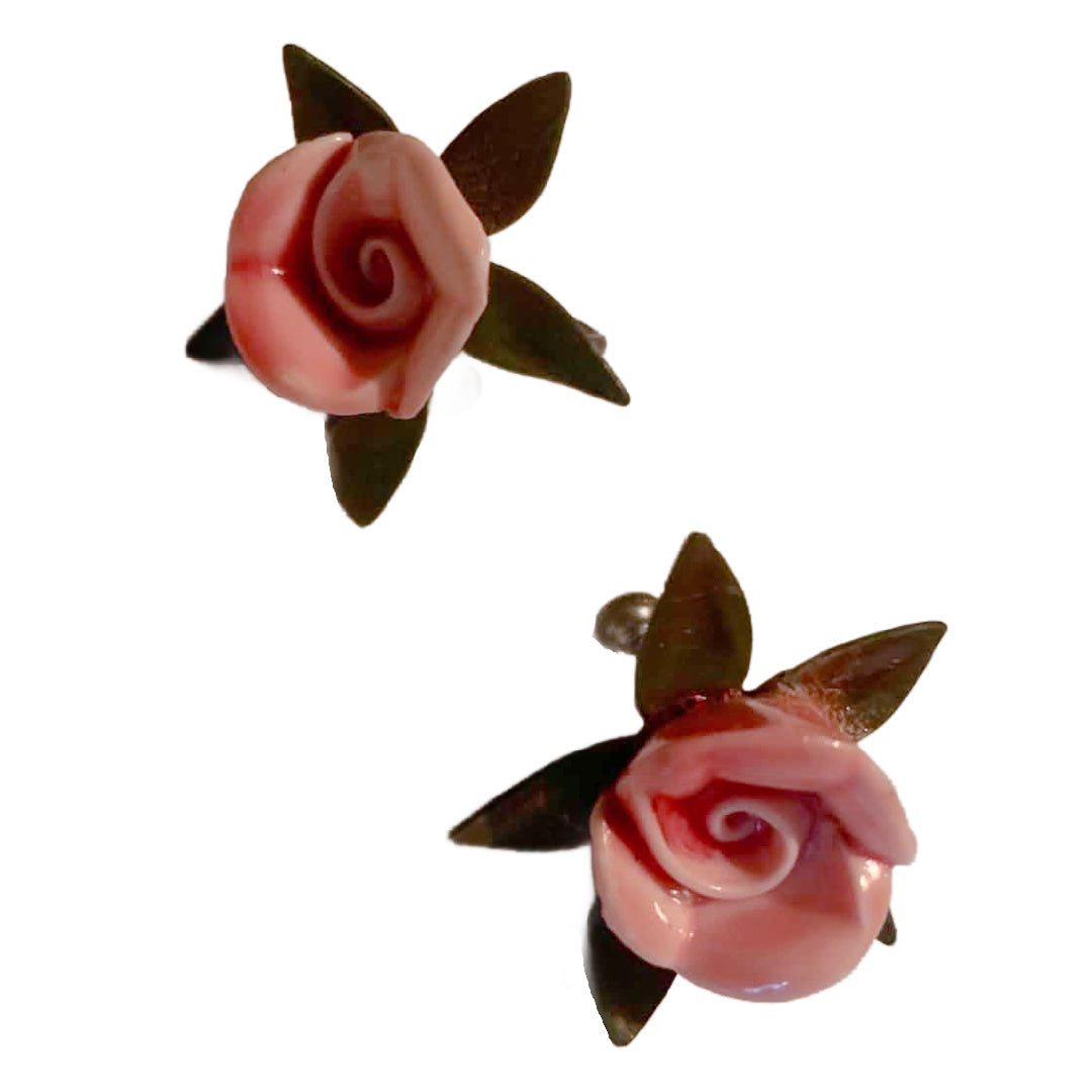 Pink Plastic Rose Screw Back Clip Earrings circa 1940s