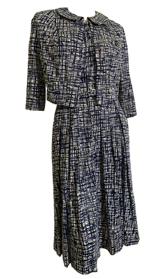 Blue and White Abstract Sketchwork Print Jersey Nylon Dress and Jacket circa 1960s