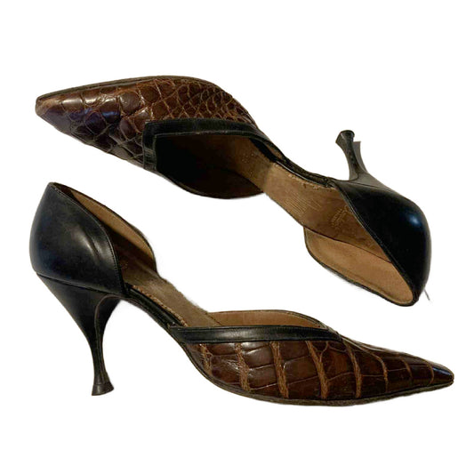 D'Orsay Style Cocoa Brown Alligator High Heel Shoes circa 1960s US 4N