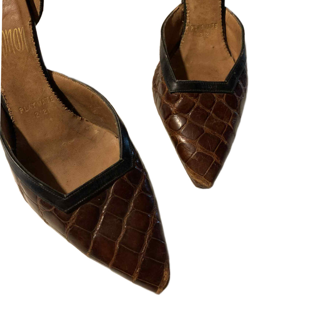 D'Orsay Style Cocoa Brown Alligator High Heel Shoes circa 1960s US 4N