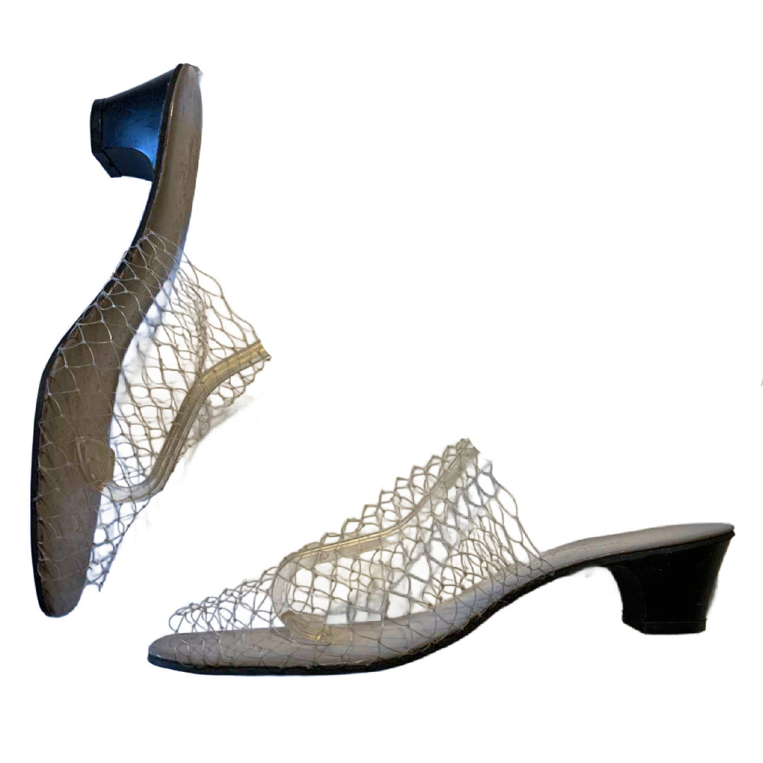Iconic "Invisible" Clear Fishnet Low Heel Shoes circa 1970s US 7