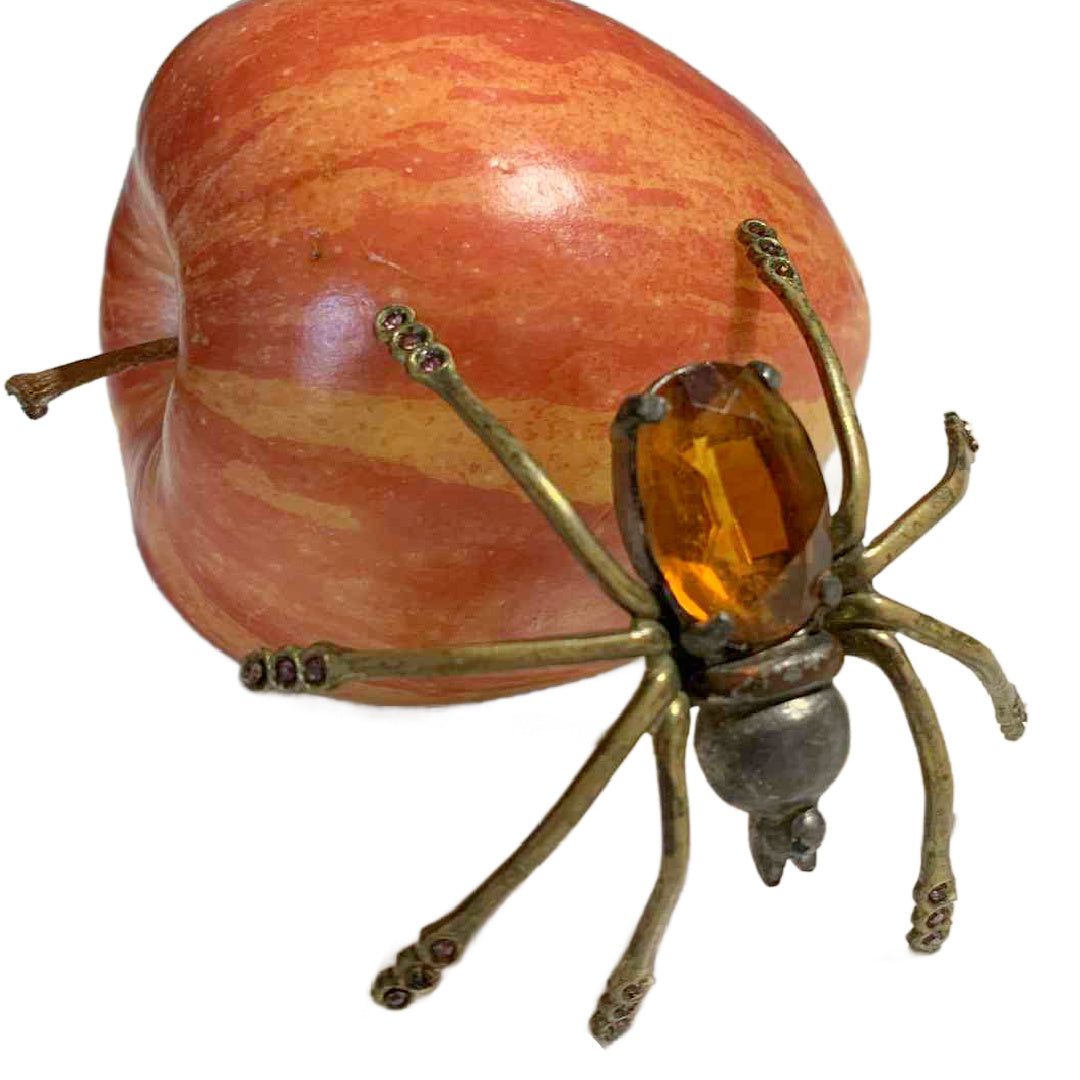 Rare Topaz Colored Czech Glass Spider Brooch with Purple Rhinestones on Legs circa 1940s