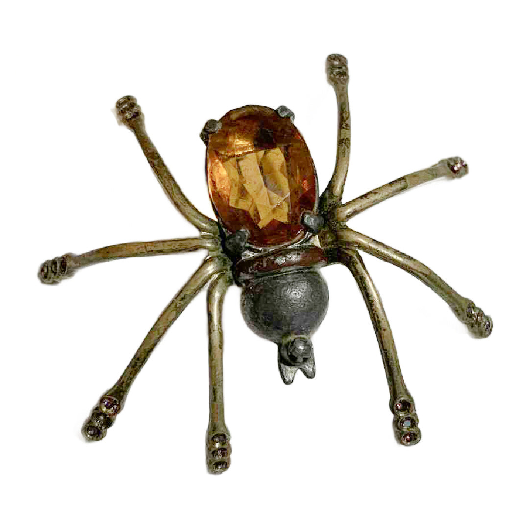 Rare Topaz Colored Czech Glass Spider Brooch with Purple Rhinestones on Legs circa 1940s