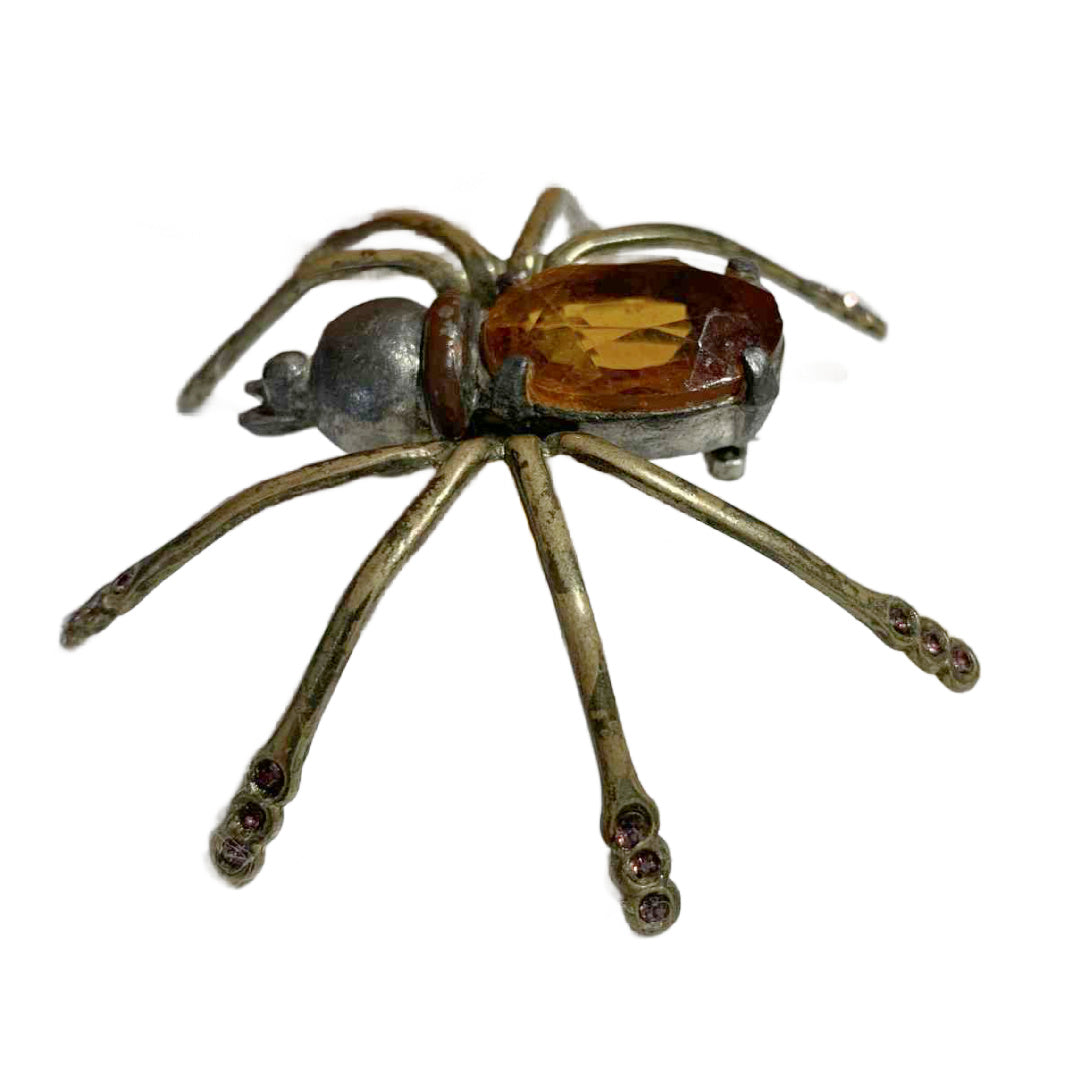 Rare Topaz Colored Czech Glass Spider Brooch with Purple Rhinestones on Legs circa 1940s