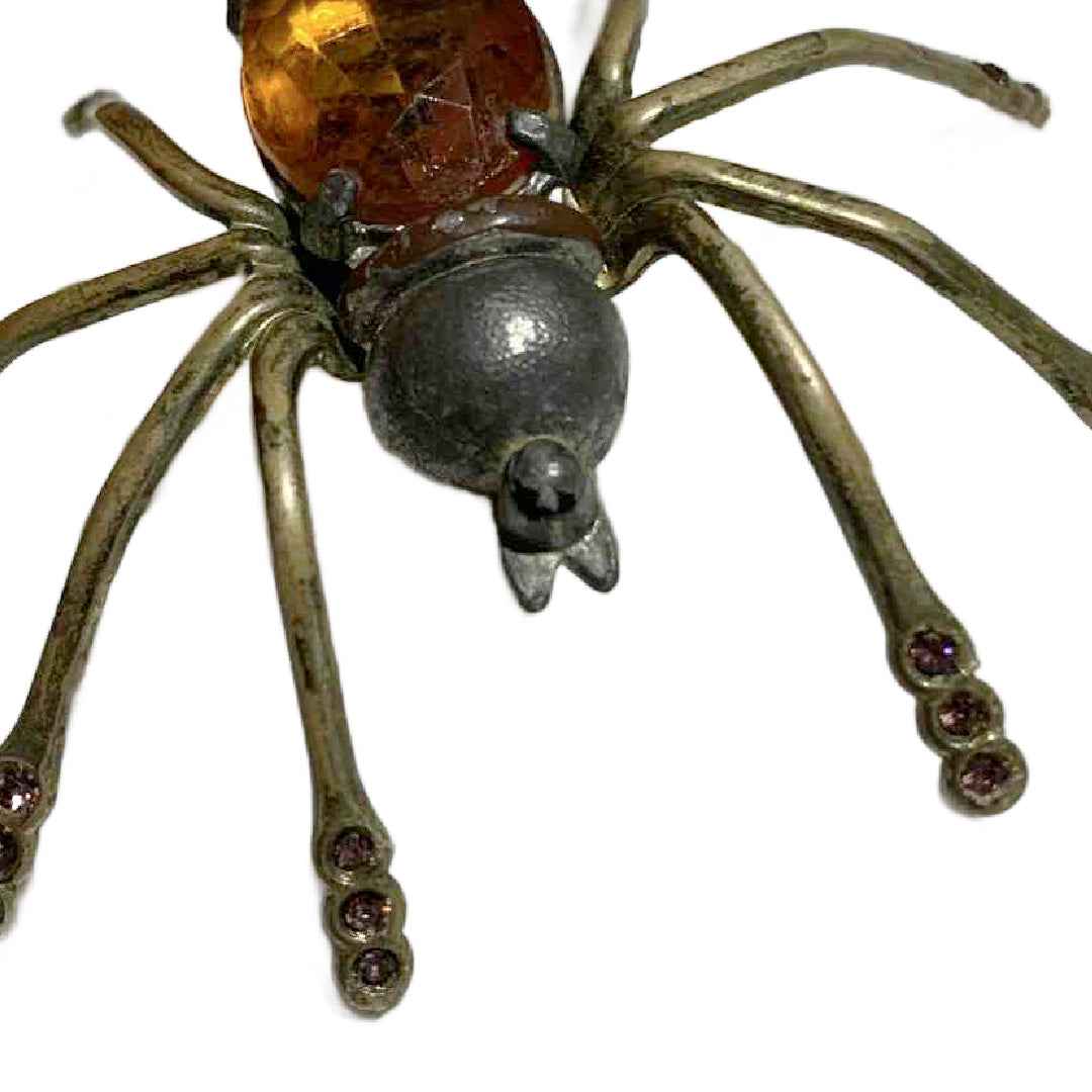 Rare Topaz Colored Czech Glass Spider Brooch with Purple Rhinestones on Legs circa 1940s