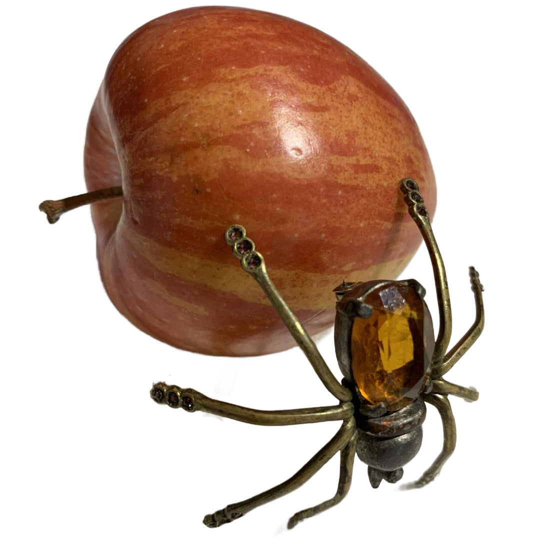 Rare Topaz Colored Czech Glass Spider Brooch with Purple Rhinestones on Legs circa 1940s