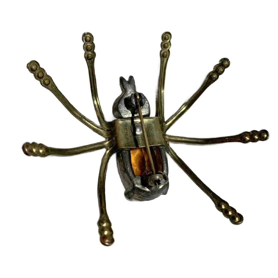 Rare Topaz Colored Czech Glass Spider Brooch with Purple Rhinestones on Legs circa 1940s