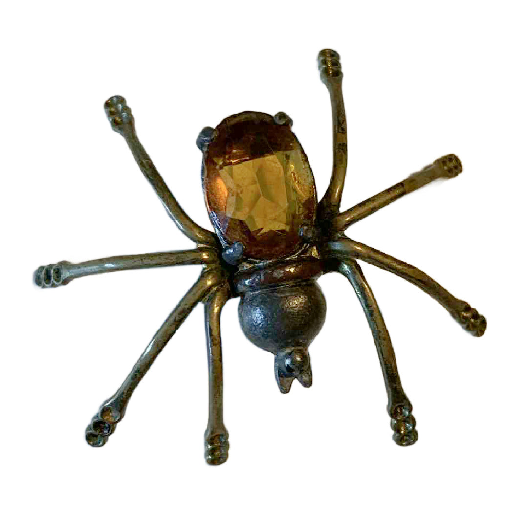 Rare Topaz Colored Czech Glass Spider Brooch with Purple Rhinestones on Legs circa 1940s
