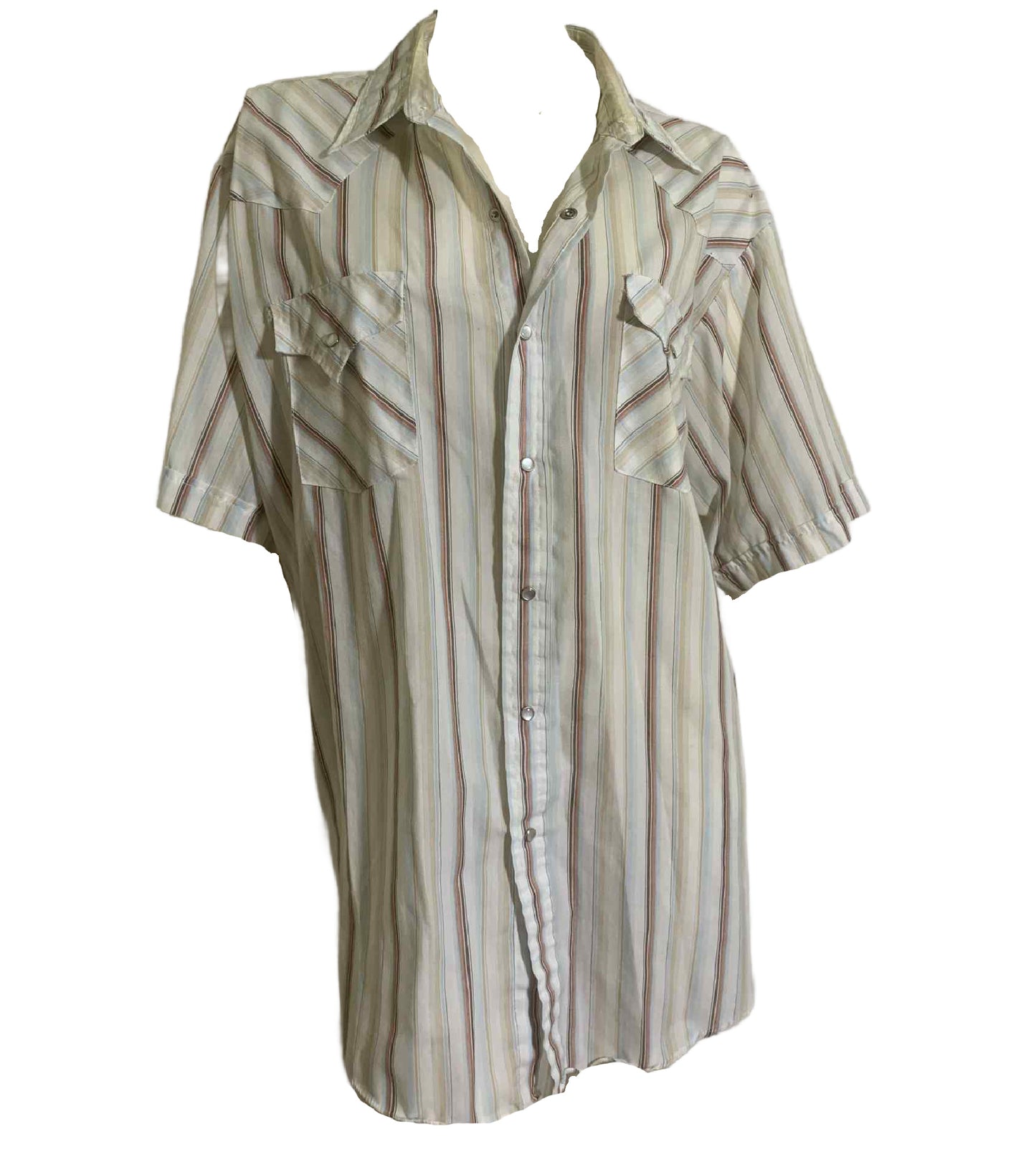 Tan, White and Blue Cotton Snap Front Men's Western Shirt circa 1980s XL