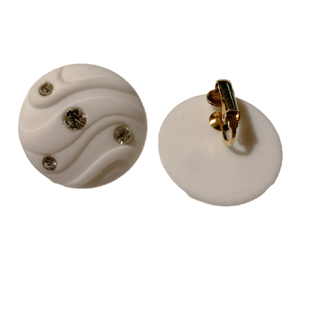 White Carved Plastic Button Clip Earrings with Rhinestonescirca 1980s