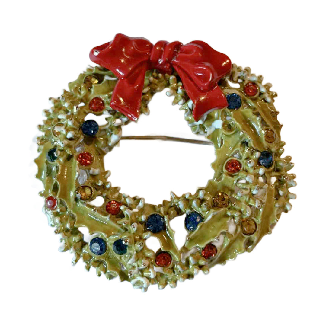 Rhinestone Dotted Green Wreath Brooch with Red Bow circa 1960s