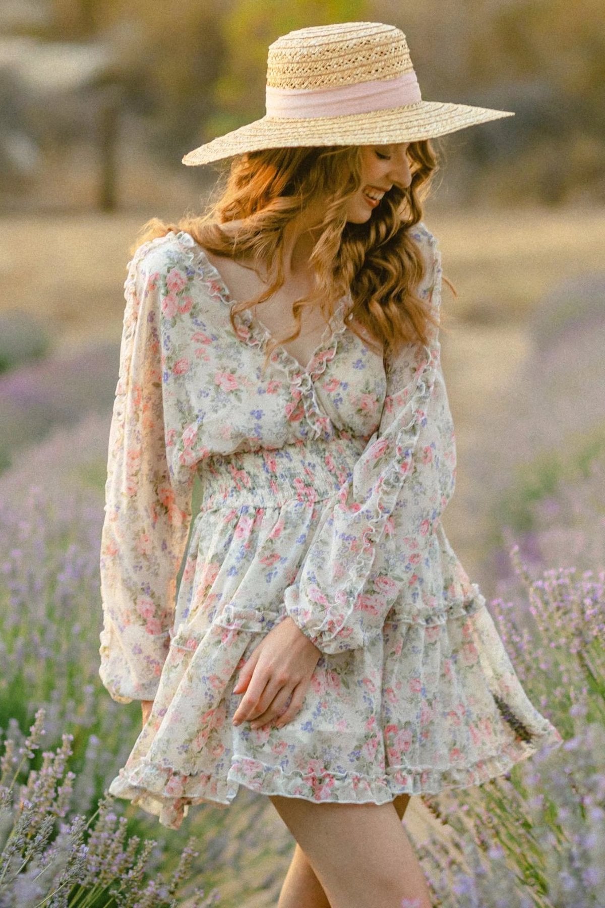 Dreamy Floral 1970s Style Pastel Short Ruffled Dress