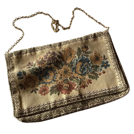 Tapestry Fabric Handbag with Metallic Threads, Gold Tone Clasp and Chain Strap circa 1970s