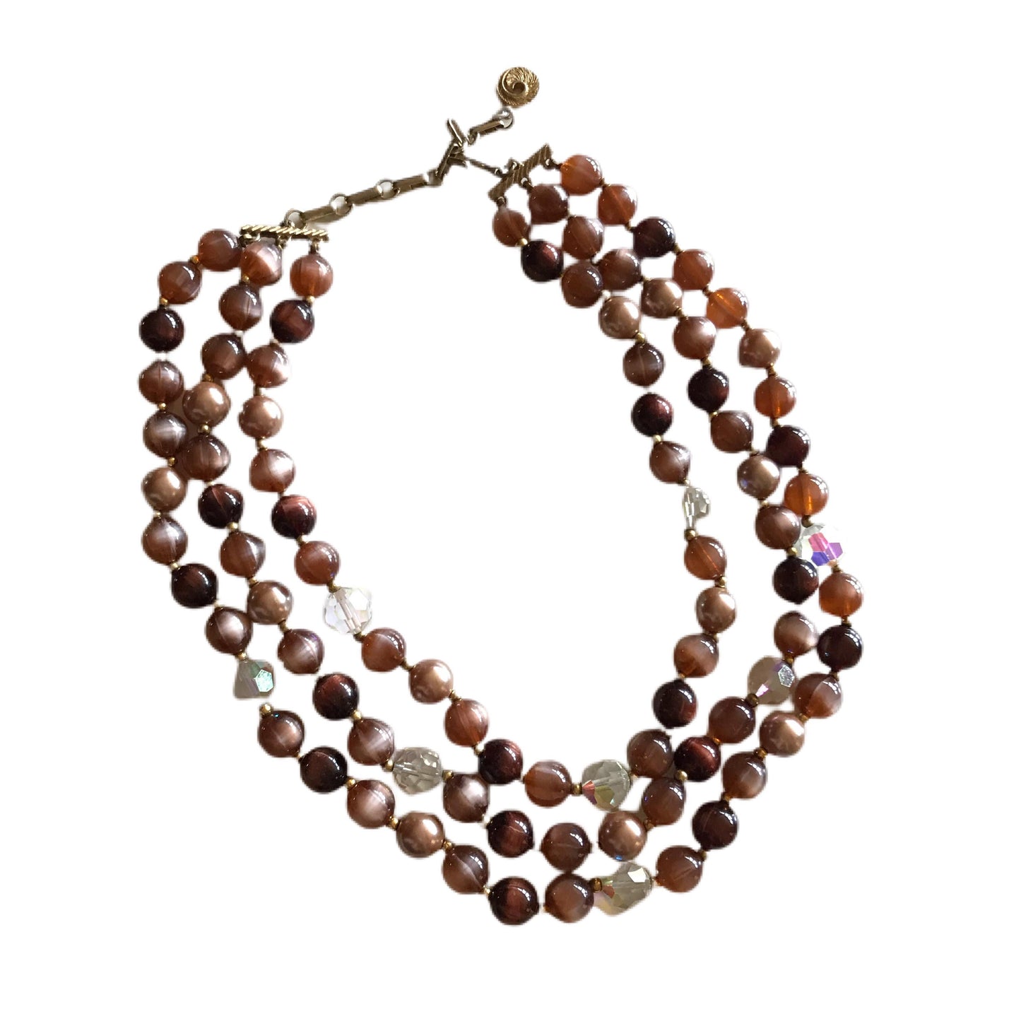 Shades of Coffee Triple Bead & Crystal Necklace circa 1960s