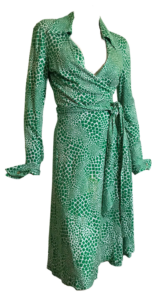 Iconic Green Abstract Mosaic Print Silk Jersey Wrap Dress circa 1970s DVF