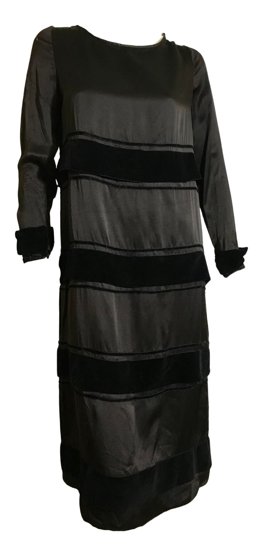Velvet Striped Black Weighted Silk Dress circa 1920s Velvet Striped Black Weighted Silk Dress circa 1920s