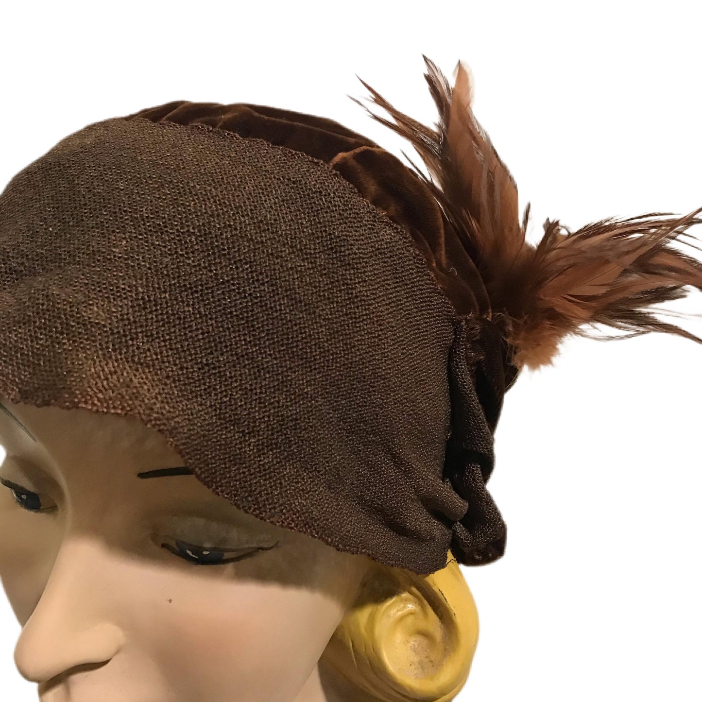 Bronze and Copper Velvet Cloche Hat with Feathers circa 1920s