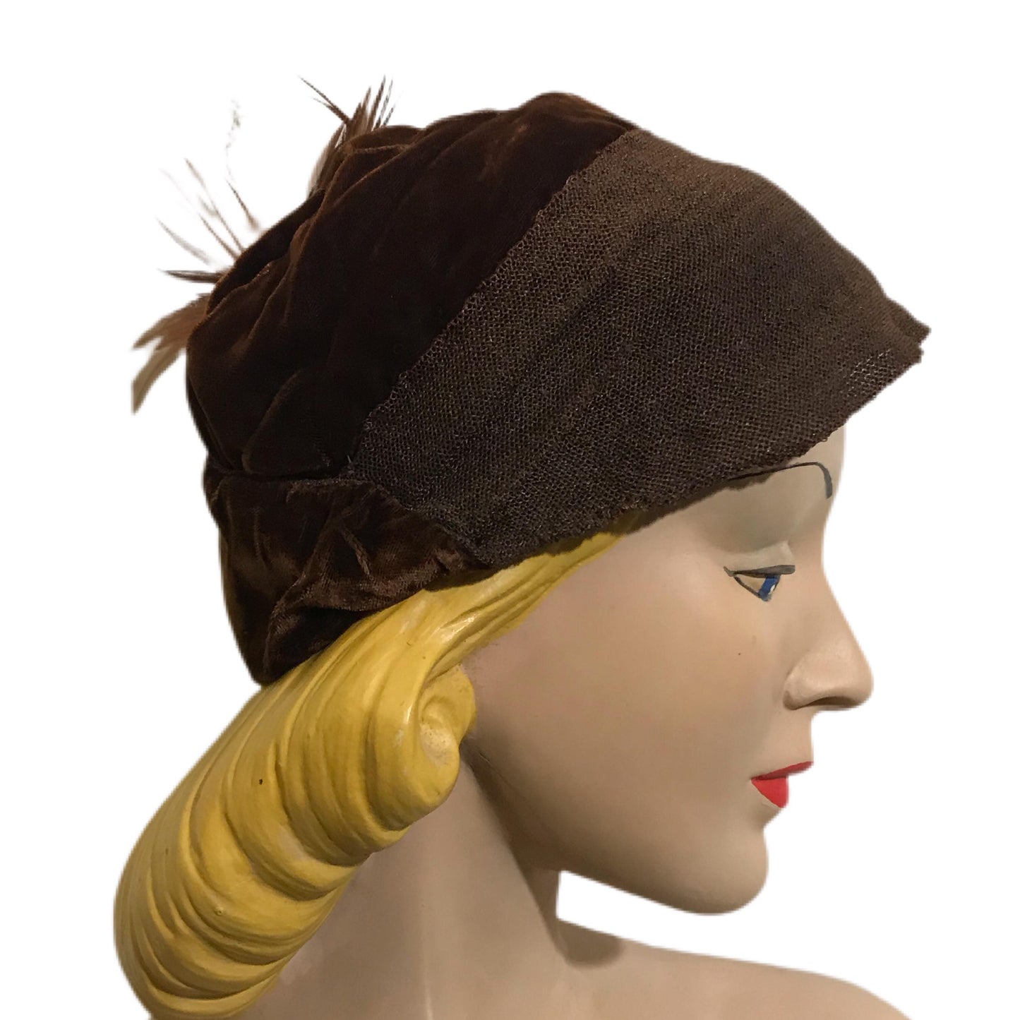 Bronze and Copper Velvet Cloche Hat with Feathers circa 1920s