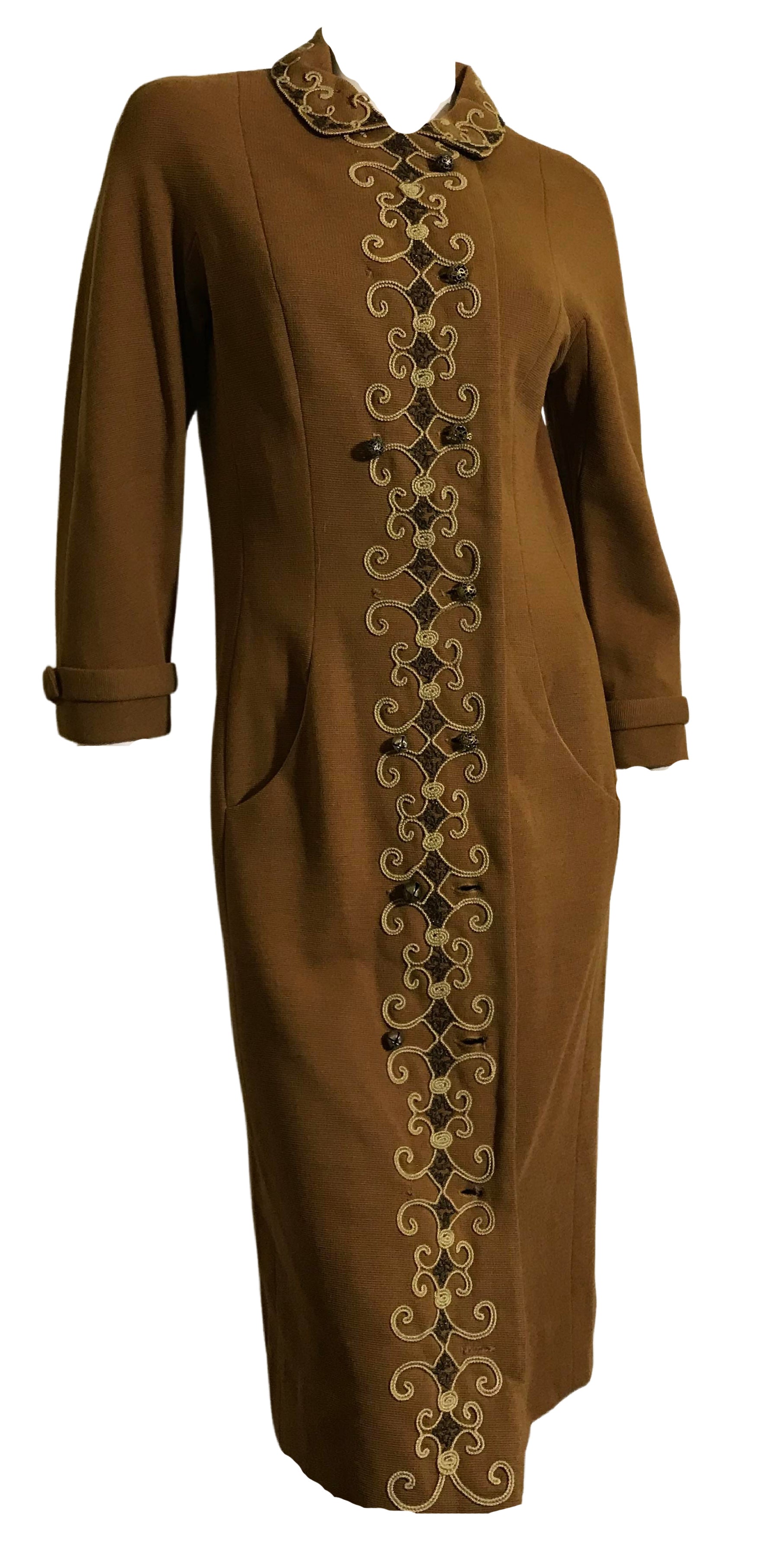 Cinnamon Knit Wool Knit Shift Dress with Soutache and Beads circa 1960s Cinnamon Knit Wool Knit Shift Dress with Soutache and Beads circa 1960s