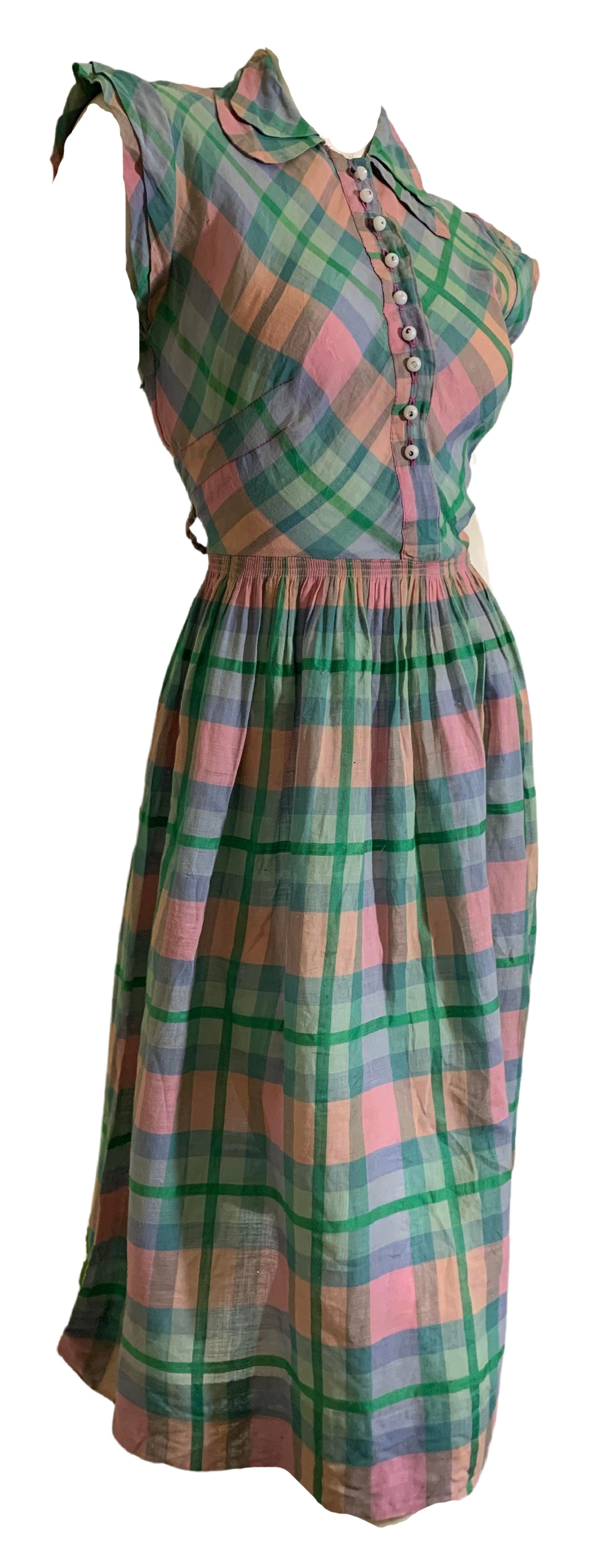 Darling Pastel Plaid Voile Cotton Day Dress circa 1940s Darling Pastel Plaid Voile Cotton Day Dress circa 1940s