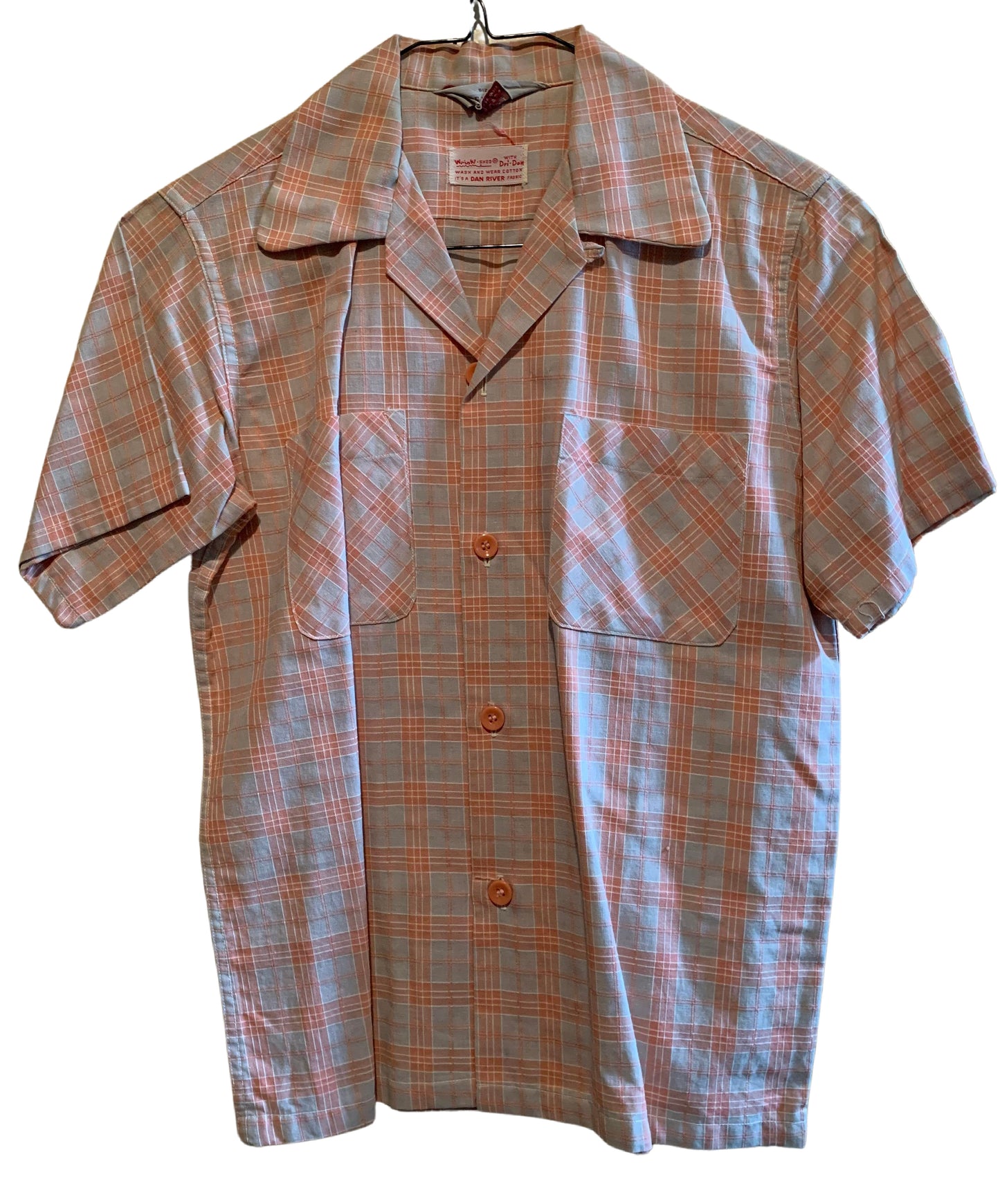Tangerine and Tan Plaid Textured Cotton Rat Pack Shirt circa 1960s
