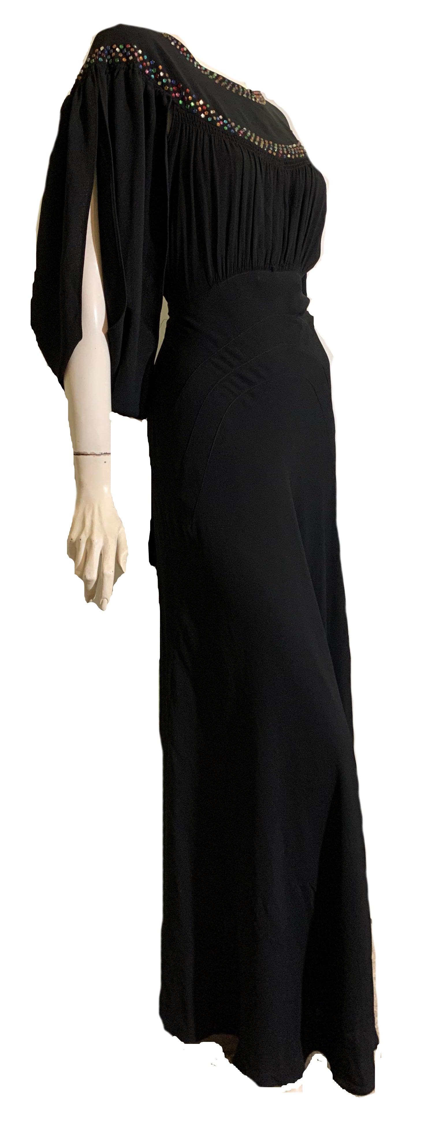 RESERVED Rainbow Vamp! Black Crepe Evening Gown with Rainbow Rhinestones and Side Slit Sleeves and Back circa 1930s RESERVED Rainbow Vamp! Black Crepe Evening Gown with Rainbow Rhinestones and Side Slit Sleeves and Back circa 1930s