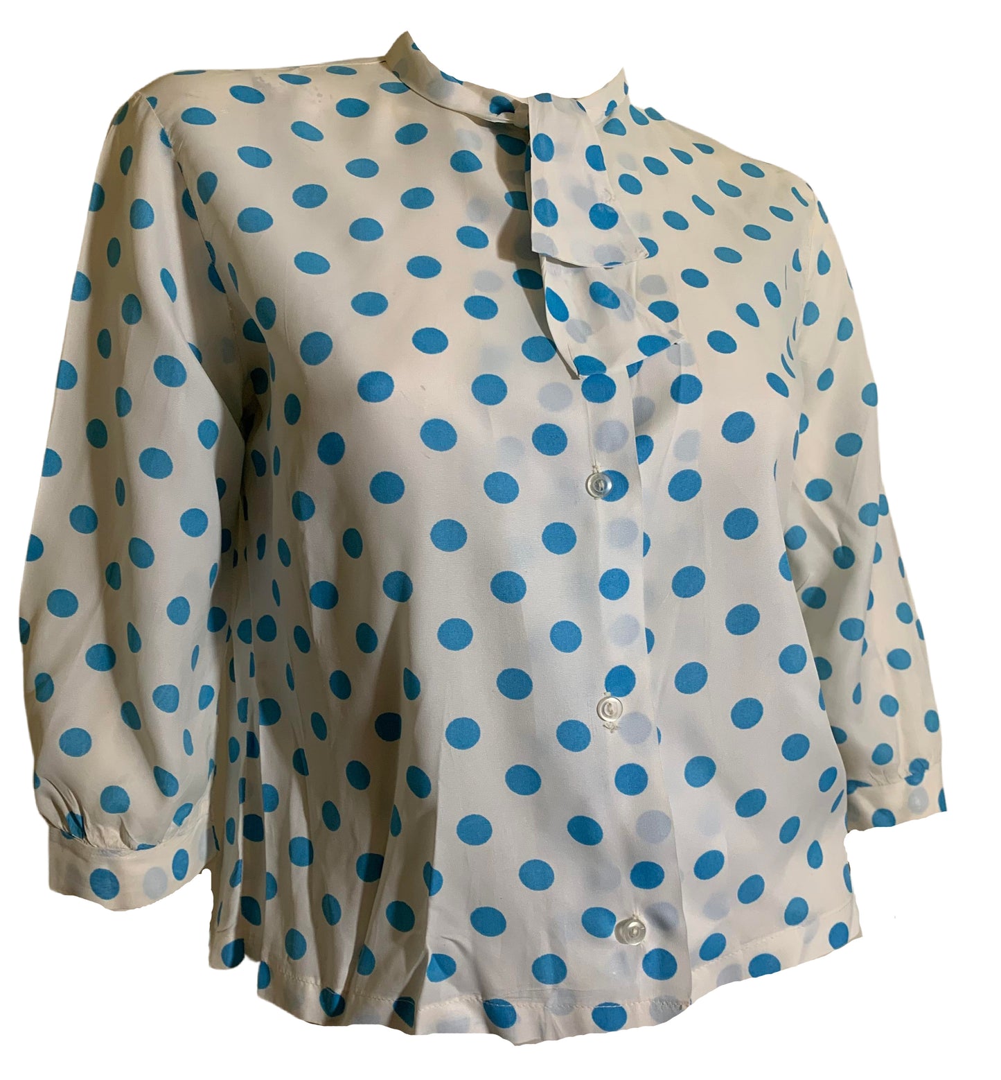 Turquoise and White Polka Dot Nylon Blouse with Bow circa 1960s