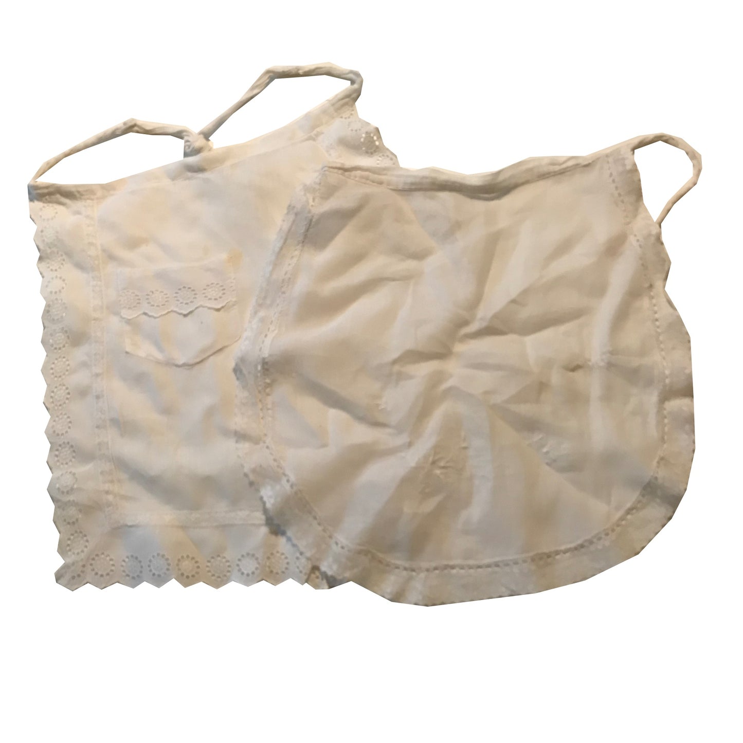 Two Lawn Cotton Embroidered Mini Aprons with Lace circa 1910