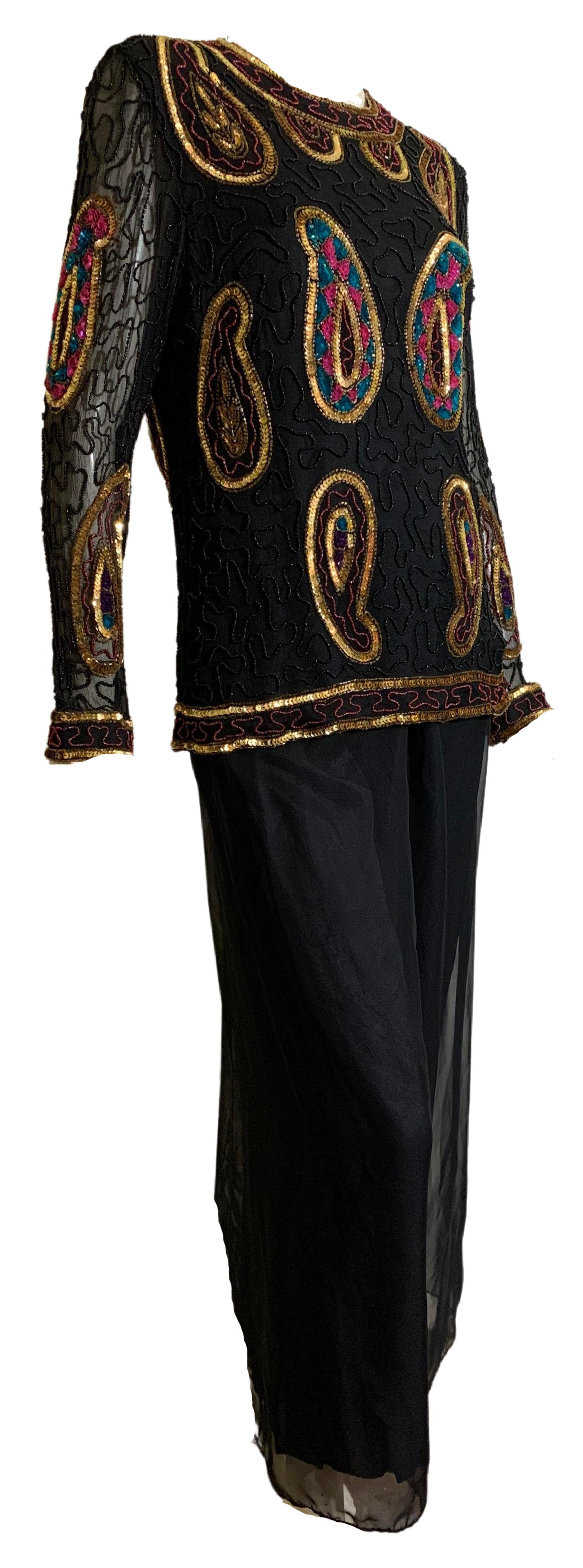 Black Sheer 1920s Style Beaded Tunic and Palazzo Pants circa 1990s Black Sheer 1920s Style Beaded Tunic and Palazzo Pants circa 1990s