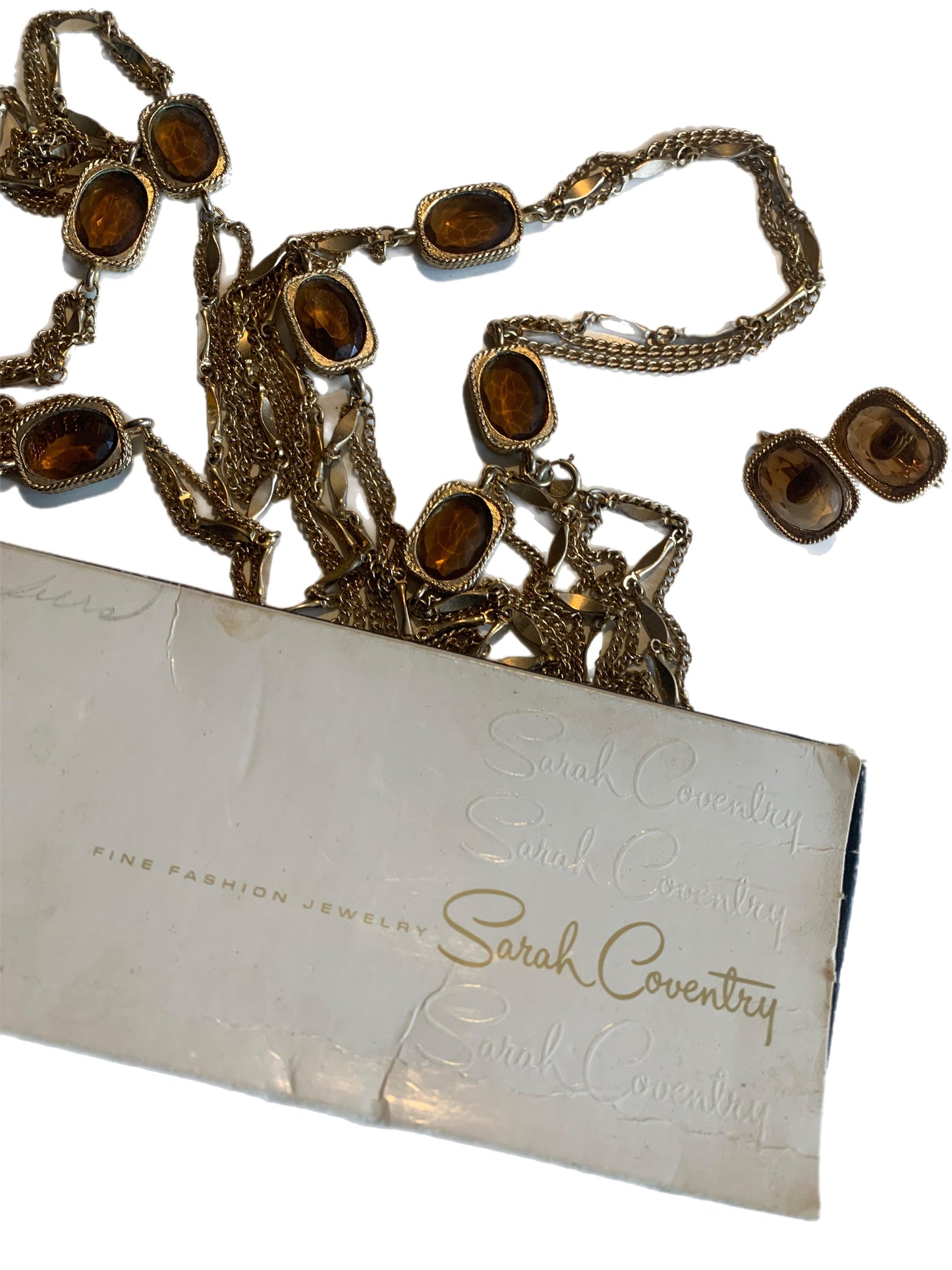 Golden Embers Honey Golden Chain Long Necklace and Earrings with Beveled Honey Glass Demi Set circa 1960s