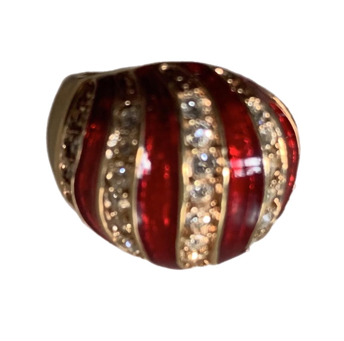 Red Enameled Rhinestone Stripe Ring circa 1980s 5