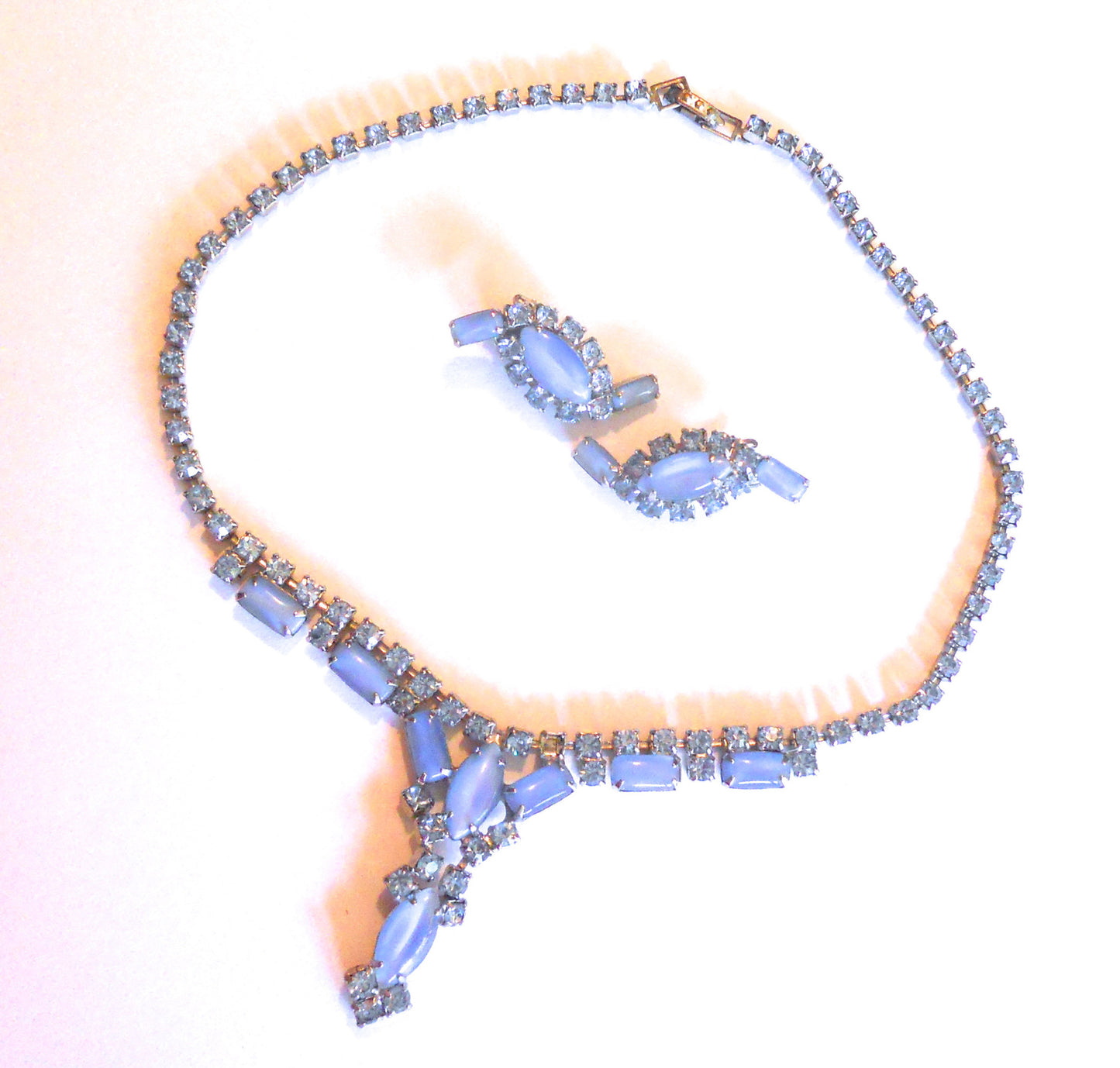 Violet Blue Opaque Glass and Rhinestone 1950s Necklace and Clip Earrings