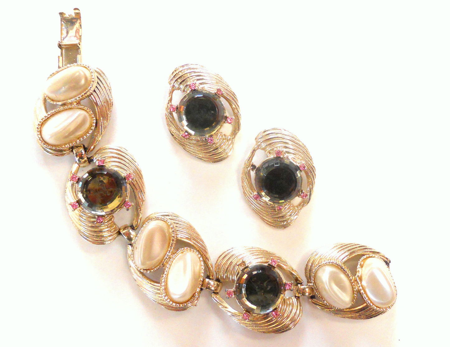 Smokey Crystal Rivoli 1960s Bracelet and Clip Earrings w/ Pink Rhinestones