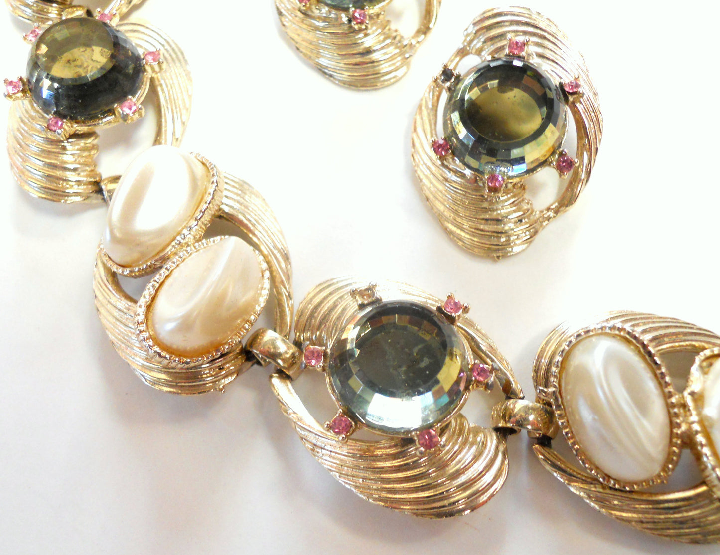 Smokey Crystal Rivoli 1960s Bracelet and Clip Earrings w/ Pink Rhinestones