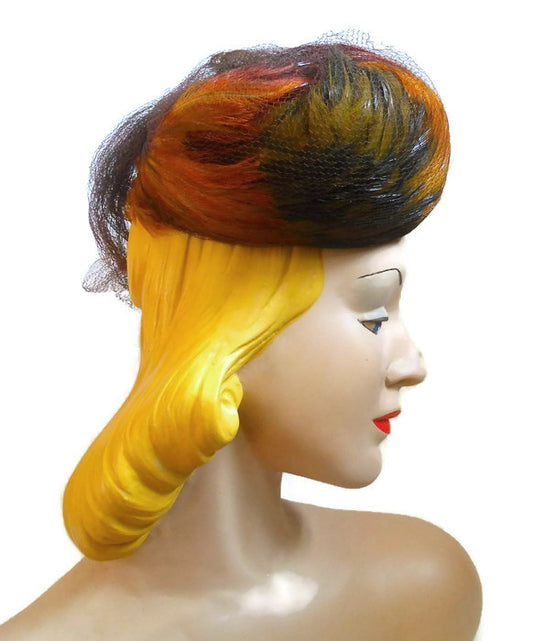 Autum Hues Feather High Crown Tilt Hat circa 1940s