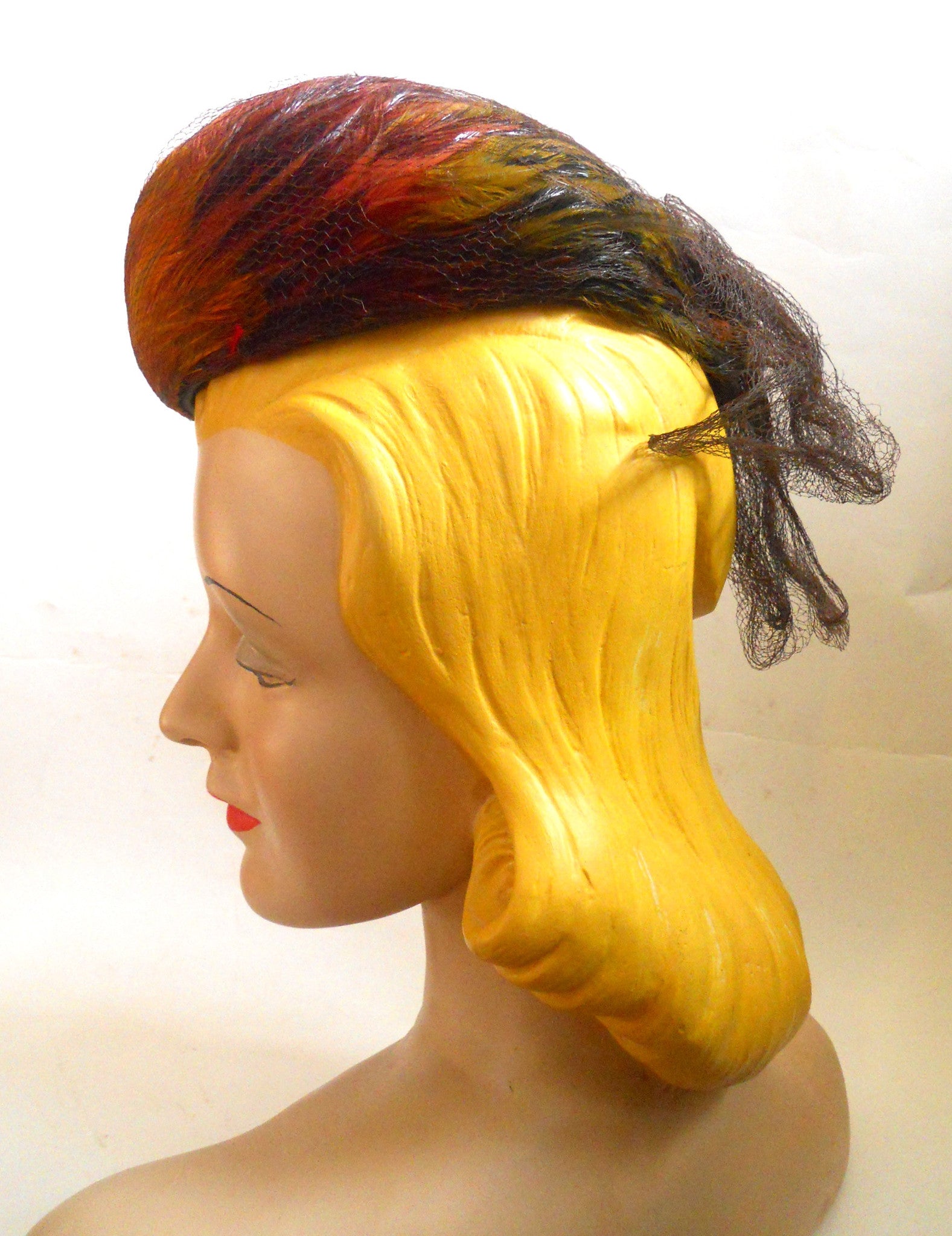 Autumn Hues Feather High Crown 1940s Tilt Hat